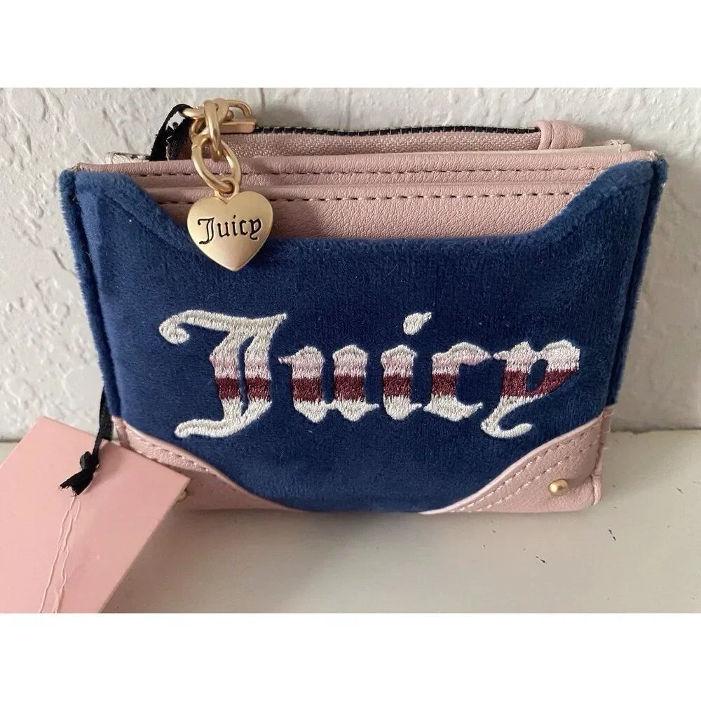 Juicy Couture Retro Vibe Bifold Wallet Pull Out Card Case Regal‎ Blue Velour NEW
